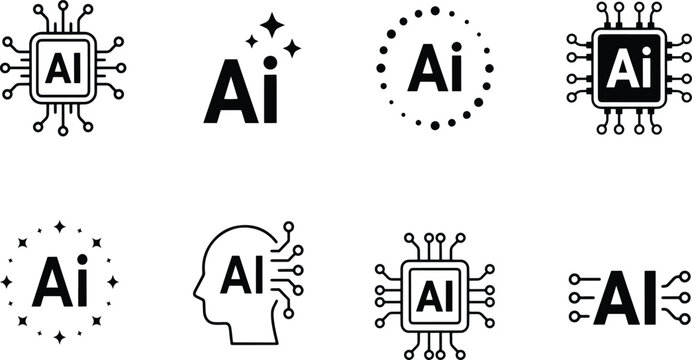 Modern Minimalist Tech Branding Collection, Flat Deep Learning Clip Art Stamps, Artificial Intelligence Vector Icon Set, AI Microchip Circuit Silhouettes, vector, illustration, silhouette.