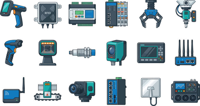 Industrial automation and smart factory hardware vector set featuring PLC controllers barcode scanners RFID readers proximity sensors and network switch icons.