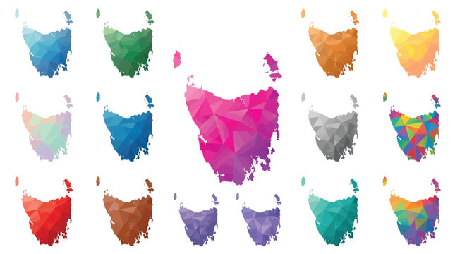 Vibrant Tasmania map collection featuring diverse geometric low poly designs in many bright colorful styles