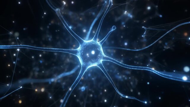 Glowing neuron cell in dark background.