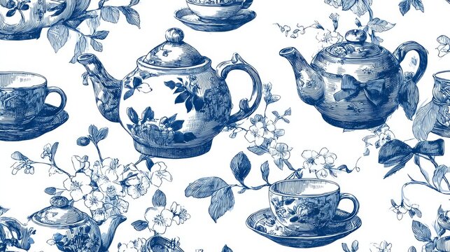 106.Elegant chinoiserie ceramic pattern with repeating teapots, teacups, flowers, and bows, hand drawn vector illustration, refined blue on white aesthetic for chinese tea ceremony designs