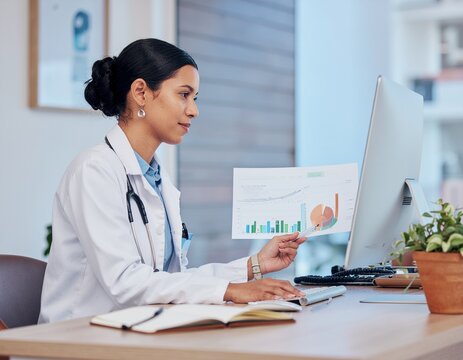 Female doctor analyzing medical data on computer screen in office.