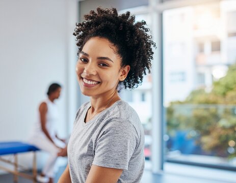 Smiling woman in a fitness setting.