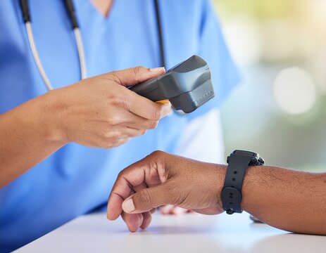 Healthcare professional taking blood pressure.
