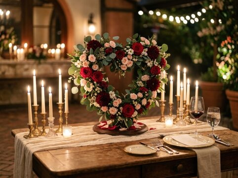 Romantic Dinner Setting with Heart-Shaped Floral Arrangement and Candles.