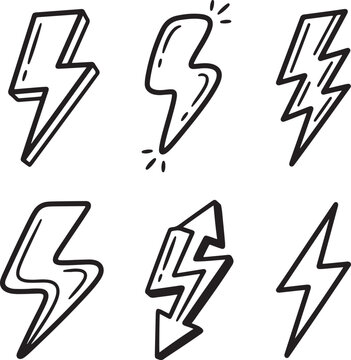 Hand drawn lightning bolts, doodle style icons, black outlines, energetic symbols, vector graphics