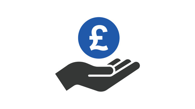 A flat design icon featuring a human hand holding a blue sterling pound currency coin symbol
