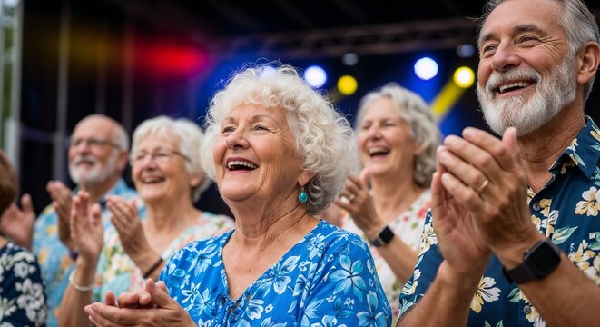 Joyful seniors enjoying music festival with cheerful expressions and vibrant attire, clapping hands in delight. Seniors engaged in lively atmosphere of music festival create memorable experiences.