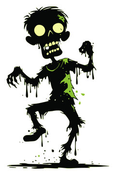 Creepy Dancing Zombie with Glowing Eyes, Tattered Clothing, Dripping Slime and Funny Expression, Halloween Cartoon Monster on Transparent Background