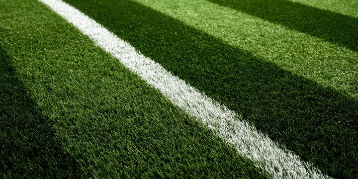 Angled view of artificial green grass soccer field with white boundary line, textured background of synthetic turf for sports stadium or playground