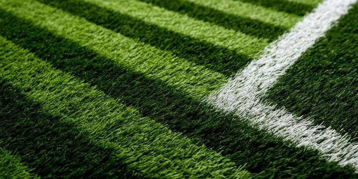 Closeup of artificial green grass soccer field with white boundary line, textured background of synthetic turf for sports stadium or playground