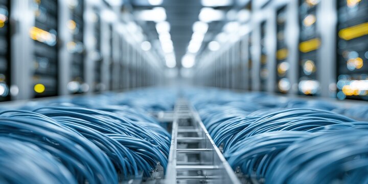 Close up of blue ethernet network cables in a modern data center server room