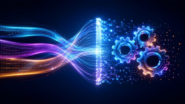 Futuristic data stream flowing into glowing neon gears representing digital transformation, data processing, and automated algorithms in software development.