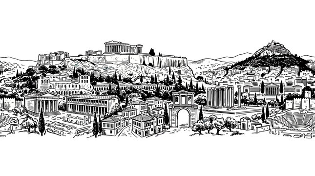 Ancient Greek Cityscape Panorama: Acropolis, Parthenon, Temple Ruins, Hills