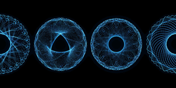 Blue glowing wireframe circles with intricate patterns and shapes on dark background