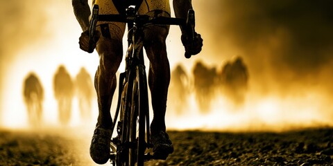 Obraz premium Professional cyclist riding a road bike on a dusty gravel path during a race, with a blurred peloton of riders following behind in the golden sunset light