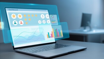 Fototapeta premium Laptop Displaying Holographic Business Analytics Dashboard