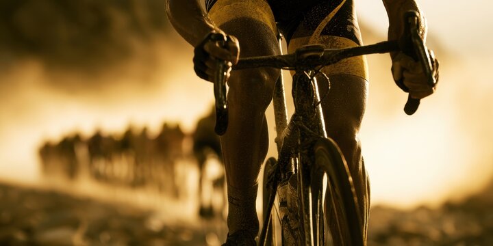Closeup of a professional cyclists legs and bike handlebars during a dusty race, with a blurred group of riders in the background at sunset