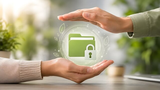 Eco-friendly digital data storage concept with hands protecting a green secure folder and padlock surrounded by leaves, symbolizing sustainable technology and green IT