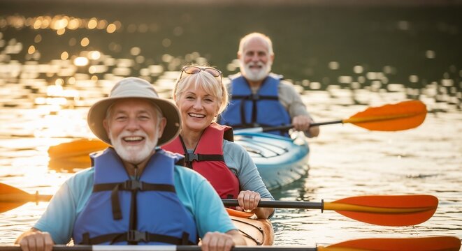 Seniors kayaking adventure with happy elderly people paddling together in colorful kayaks on calm water. Seniors enjoy beautiful day outdoors, experiencing excitement and joy while kayaking.