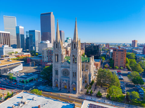 Cathedral Basilica of the Immaculate Conception aerial view at 1530 Logan Street on Capitol Hill district in downtown Denver, Colorado CO, USA.