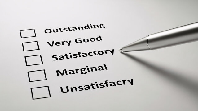 Close-up of a pen ticking the satisfactory box on a customer feedback survey form with five options including outstanding very good satisfactory marginal and unsatisfactory