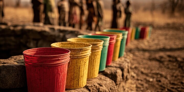 A long line of vibrant plastic buckets placed on a stone ledge in a dry environment with blurred silhouettes of people standing in the distance