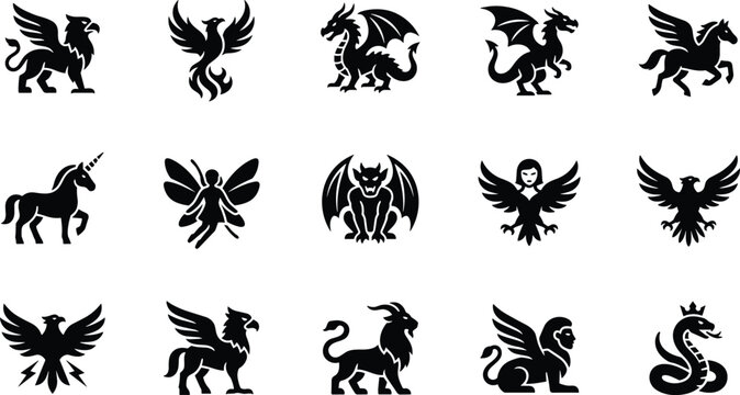 Set of black silhouette icons featuring mythical creatures and legendary monsters like dragons griffins unicorns and phoenixes for fantasy design projects