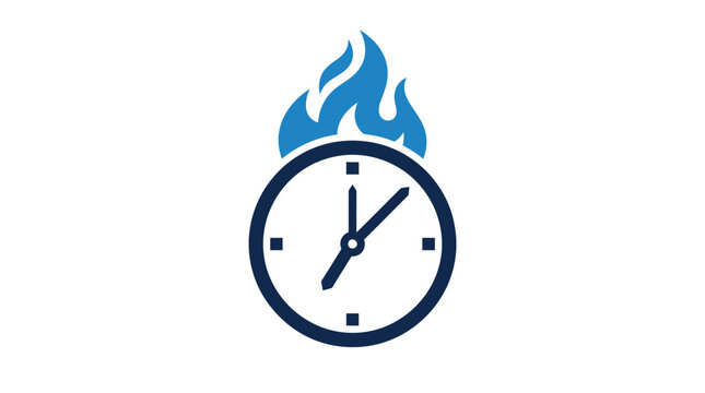 A minimalist icon of a round clock face featuring bright blue flames on top isolated