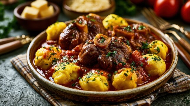 A high quality, professional food photography shot of a hearty Osso Buco dish in a rustic ceramic bowl