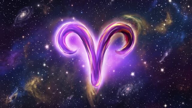 Aries zodiac sign symbol glowing in starry galaxy nebula astrology horoscope space stars purple 4k video