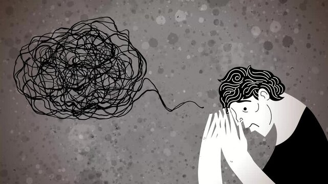 anxious person with a tangled scribble emerging from the head