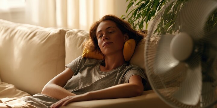 Young woman resting on a sofa in a sunlit living room with a cooling fan nearby, creating a peaceful and comfortable atmosphere at home