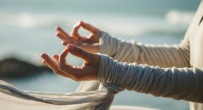 Calm woman meditating by ocean with gentle waves and soft light on hands in prayer position. Meditation includes tranquil atmosphere, peaceful expressions, and flowing fabric for mindful relaxation.