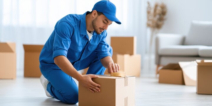 Professional mover in blue uniform sealing a cardboard box with tape