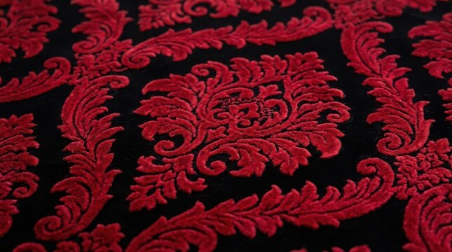 Dark red and black damask fabric pattern with a classic vintage floral scroll design and elegant velvet texture for luxury decor
