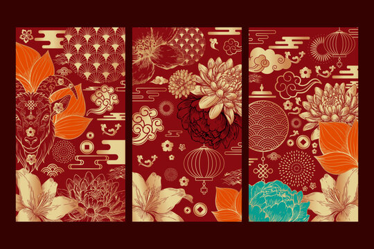 Posters Set 2027 Chinese New Year. Lunar Goat character. Vector illustration.