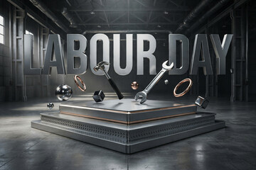 Labour Day 3D text in industrial warehouse setting, metallic tools on podium for international workers day, cinematic factory background