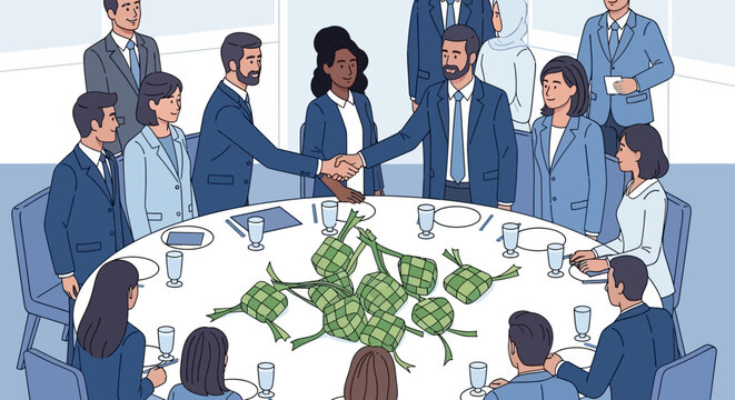 Business professionals gathered around a conference table with money piles.