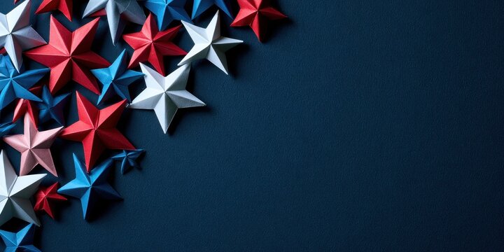 Patriotic background with red, white, and blue paper stars on a dark blue textured surface, ideal for independence day or national holiday celebrations