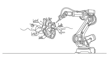 Fototapeta premium Continuous line drawing of robotic arm operating on human heart
