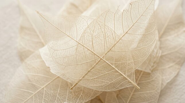 Delicate dried skeleton leaves with intricate veins in soft light colors forming a beautiful natural pattern background