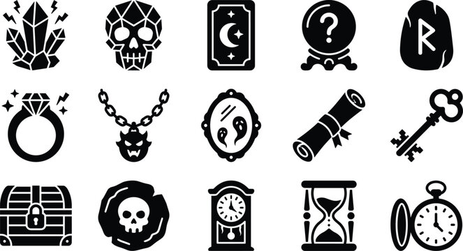 Set of black and white magic and mystery icons featuring crystals skull tarot cards fortune teller ball runes ring necklace ghost mirror scroll key treasure chest and antique clocks
