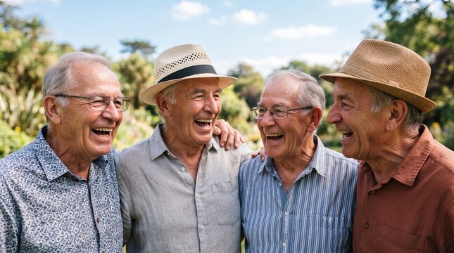 Laughing Senior Men Enjoying Friendship Outdoors on a Sunny Day