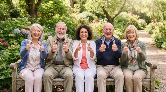 Happy Senior Friends Giving Thumbs Up in Sunny Park &ndash; Active Retirement Lifestyle