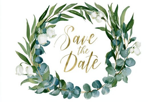 Watercolor eucalyptus and lily of the valley wreath with gold save the date text isolated on white background