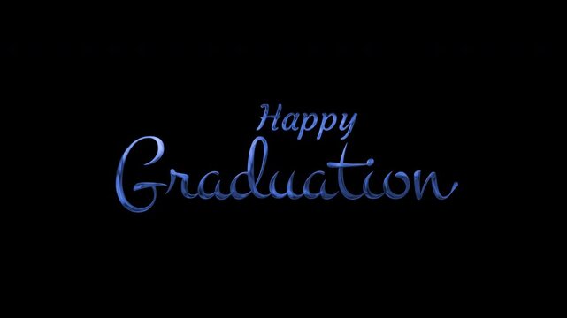 Blue glowing happy graduation text message letters script style on black background suitable for celebration card designs, invitations, banners, and social media posts.