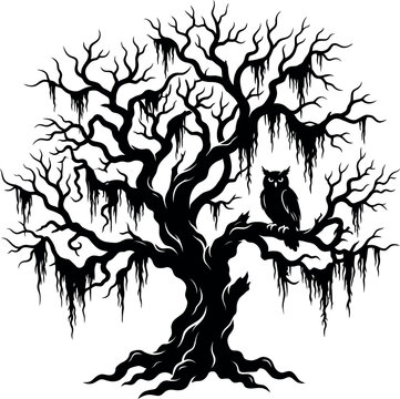 Owl perched on spooky tree branch