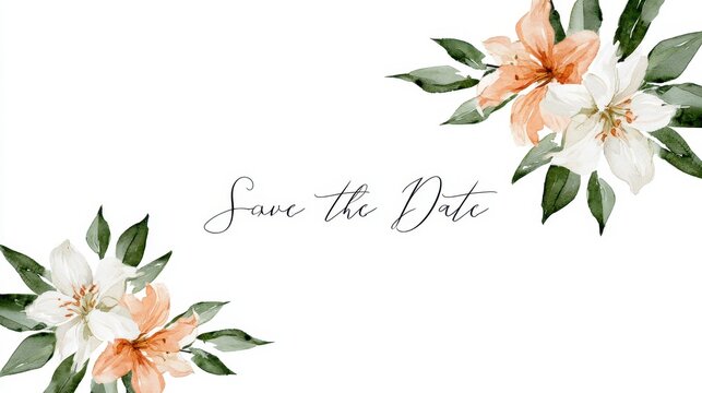 Save the date wedding card template with watercolor peach and white lily flowers, isolated on white background