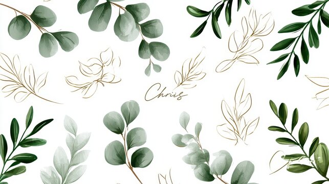 Watercolor eucalyptus leaves and golden line art branches pattern with chris text isolated on white background
